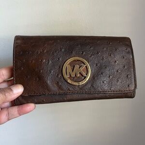 Michael Kors Leather Wallet Ostrich Leather Exotic Designer Bag MK Handbag Brown
